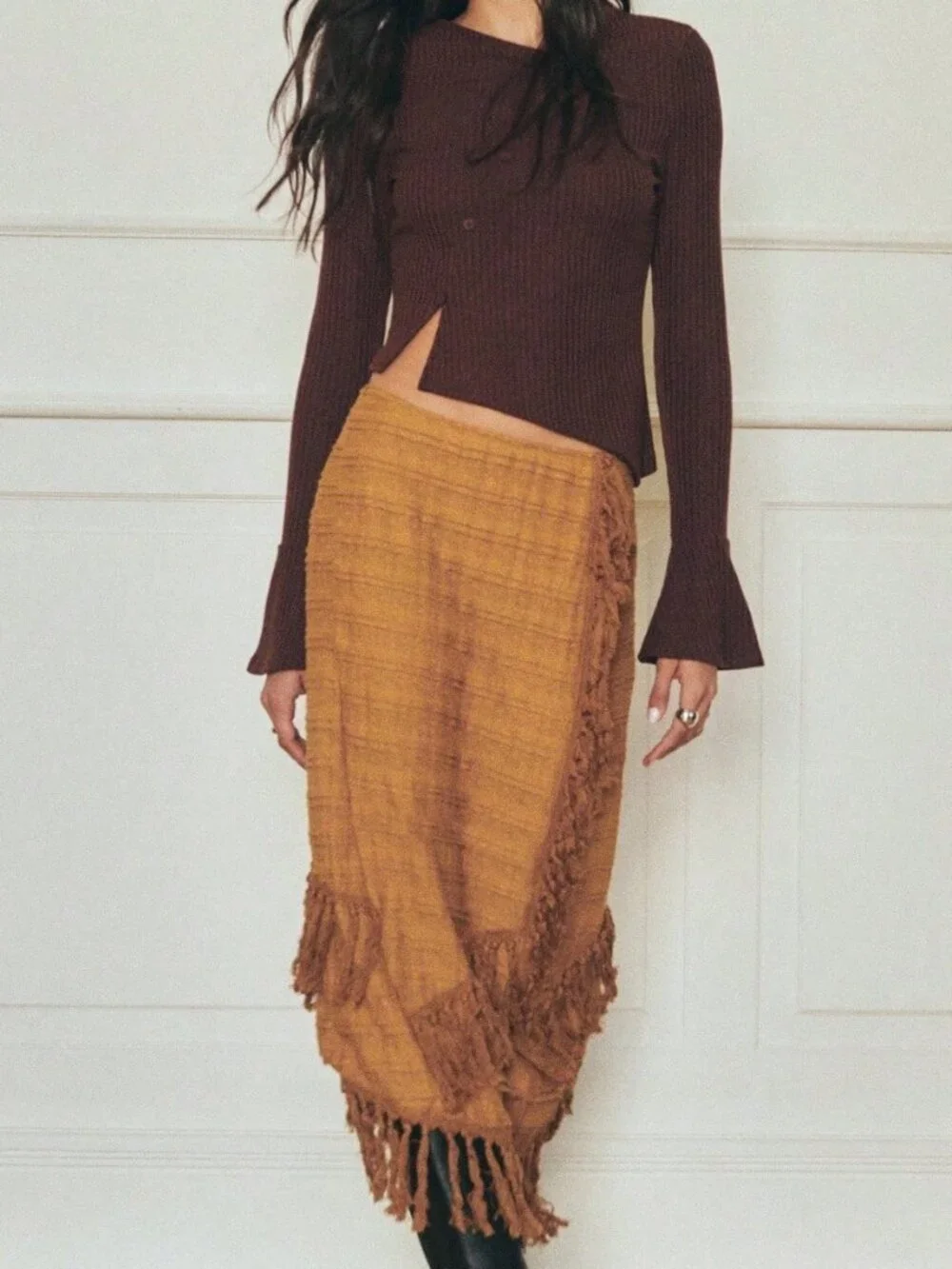 Brown Elegant Women's Fringe Midi Pencil Skirt